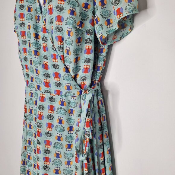 eShakti Women Colorful Owl Wrap Maxi Dress Size L Short Sleeve V Neck Whimsy - Picture 3 of 10